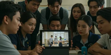 American students watching K-drama depicting Korean school life
