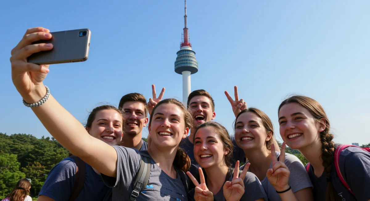 American tourists happily posing for a selfie at N Seoul Tower, a famous K-Drama filming location in Seoul.