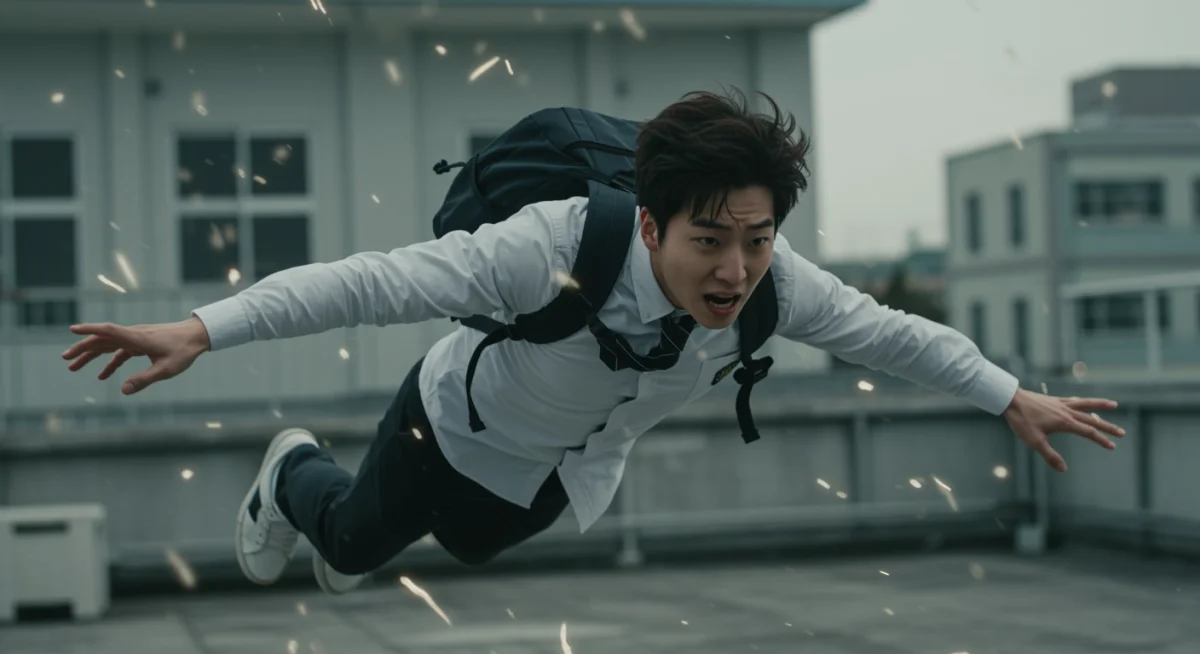 Bongseok focusing intently to control his flight abilities in a challenging moment.