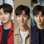 Five charismatic young Korean actors, breakthrough stars of 2024, smiling confidently
