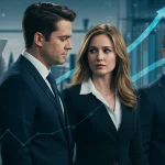 Romantic couple from Business Proposal in a modern office, surrounded by subtle graphics indicating global success and financial growth.