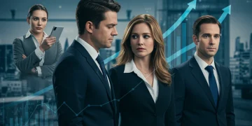 Romantic couple from Business Proposal in a modern office, surrounded by subtle graphics indicating global success and financial growth.