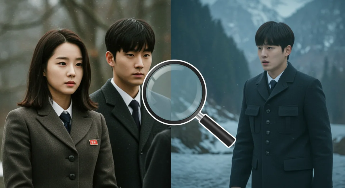 Split image of CLOY scenes, North Korea and Switzerland, with a magnifying glass, symbolizing the debunking of fan theories.