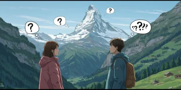 Captain Ri and Yoon Se-ri in Swiss Alps, surrounded by fan theory thought bubbles, symbolizing debunking CLOY alternate endings.