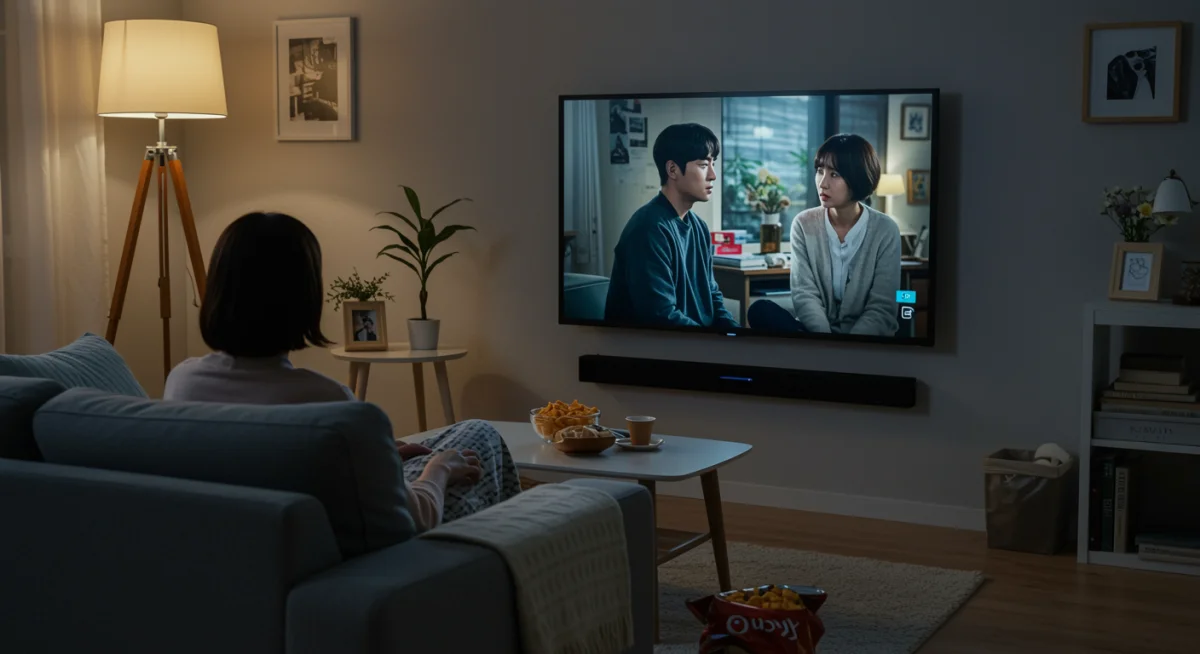 Person watching K-drama on smart TV in cozy living room.
