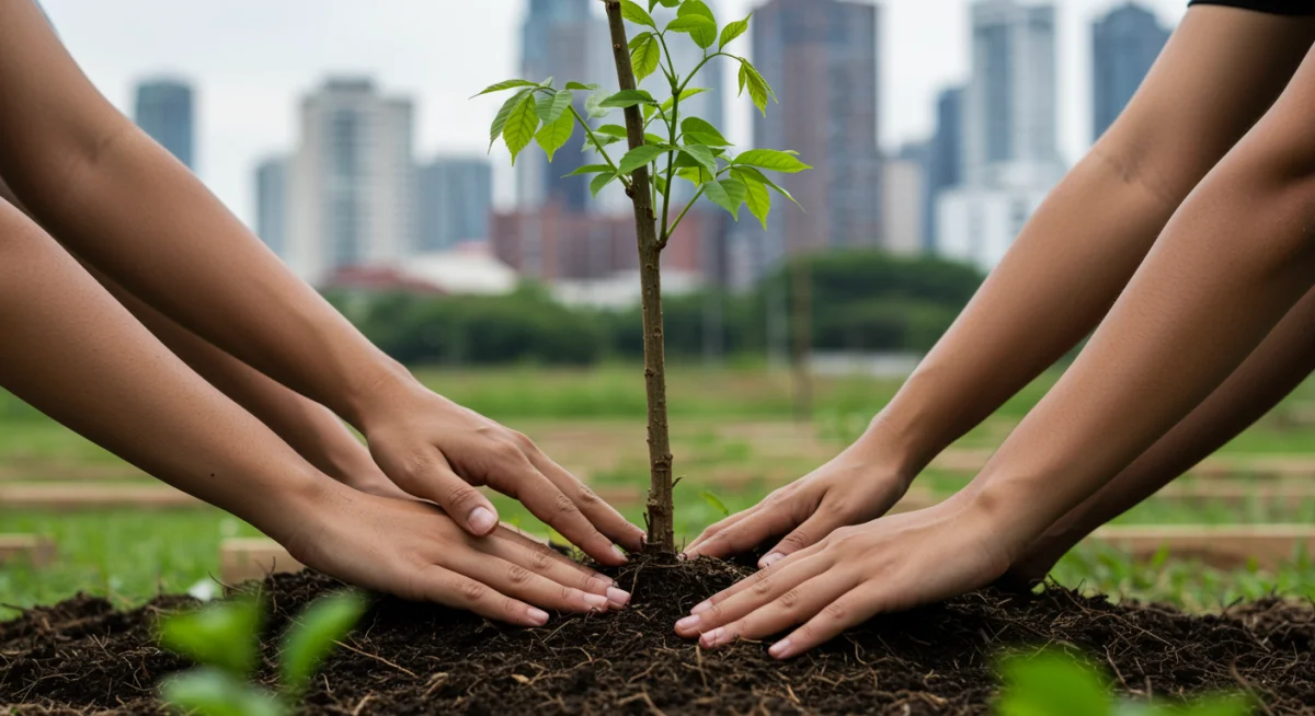 Hands planting a tree in a community garden, representing environmental charity support.