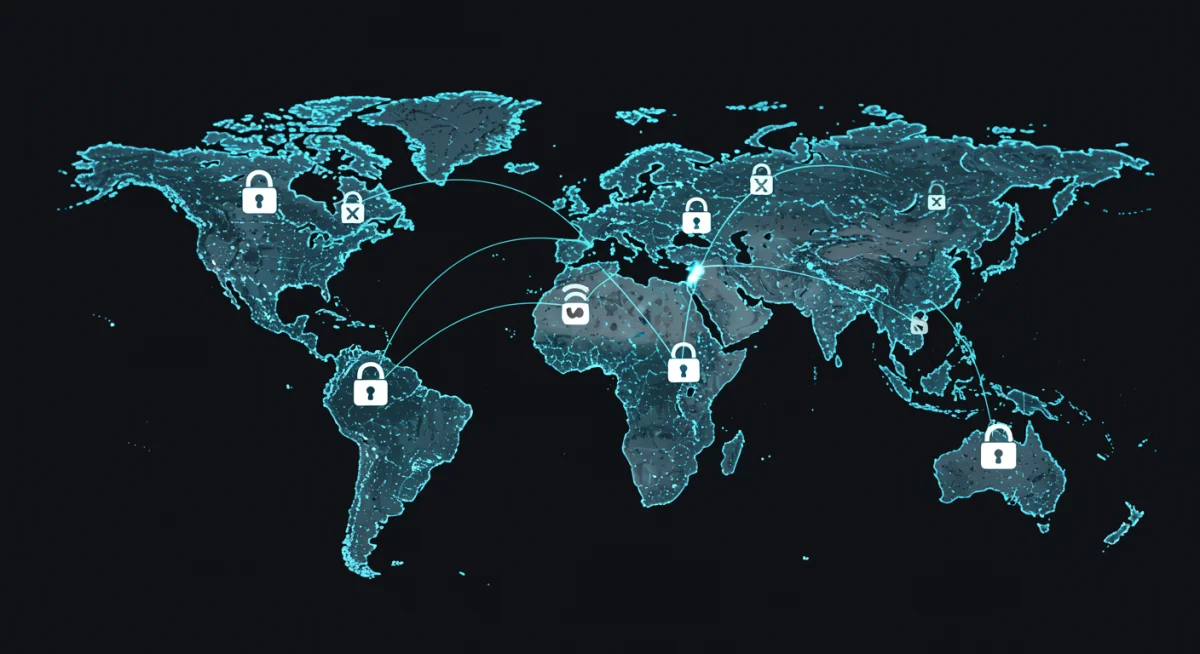 Digital map showing geo-blocking and content flow between the US and South Korea