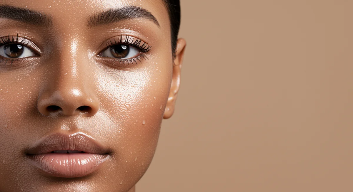 Close-up of a woman's face showcasing radiant 'glass skin', a key K-beauty trend influencing American standards.