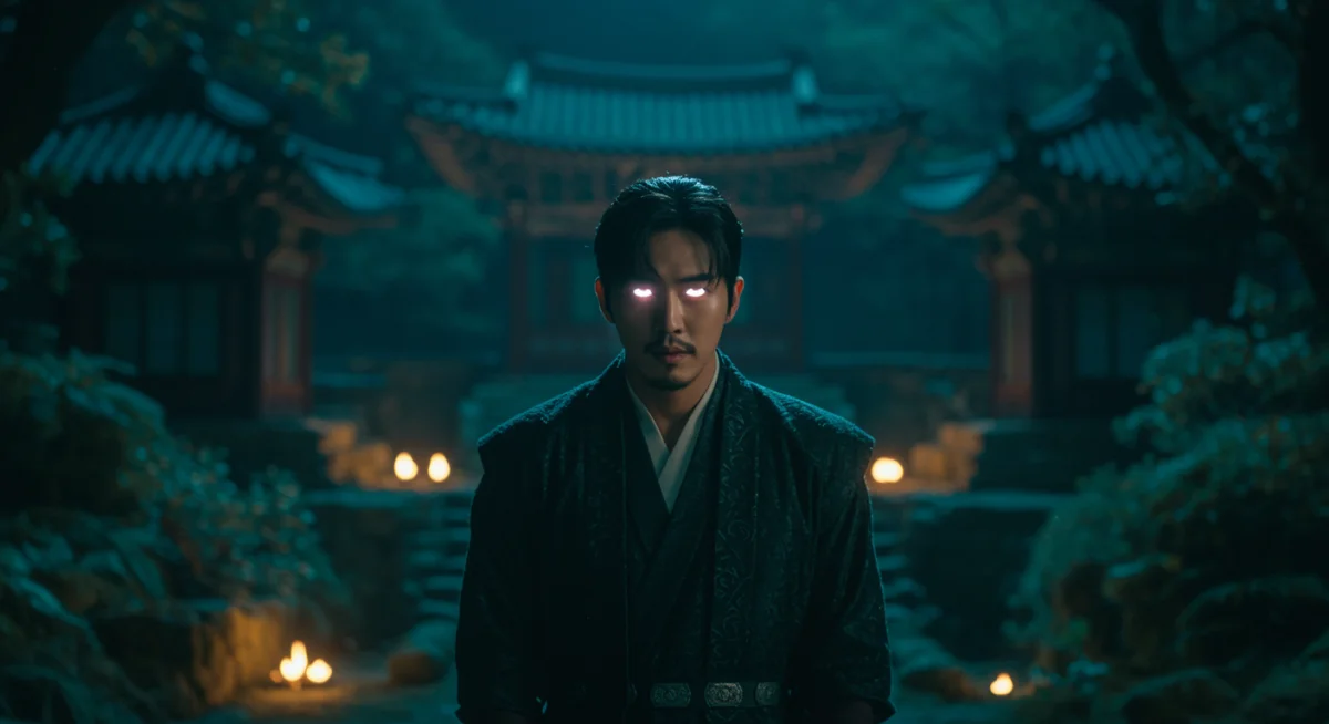 Captivating Gumiho character in a mystical K-drama forest scene, showcasing traditional Korean elements.