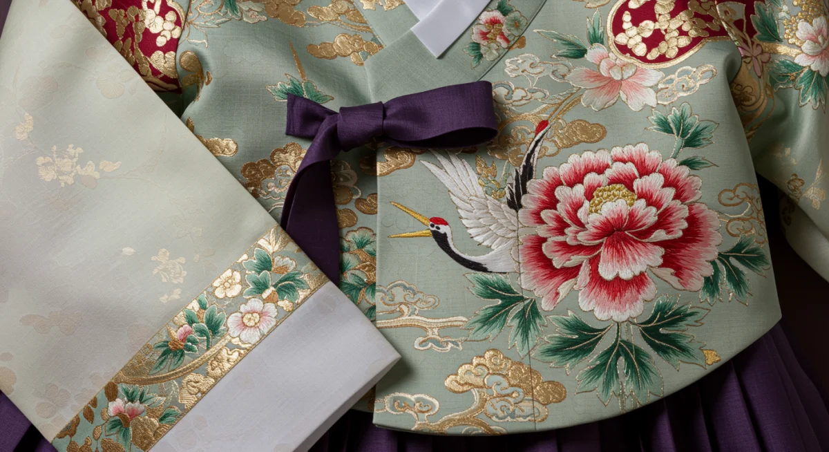 Intricate embroidery and vibrant silk detail of a traditional Hanbok garment.