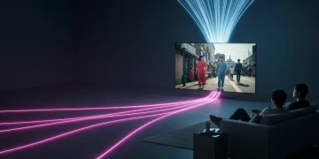 Fiber optic cables connect to a 4K TV showing KDrama, emphasizing fast internet for streaming.