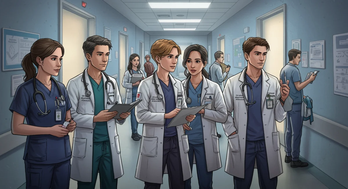 Young medical interns discussing cases in a hospital, representing a new generation in a Hospital Playlist spinoff