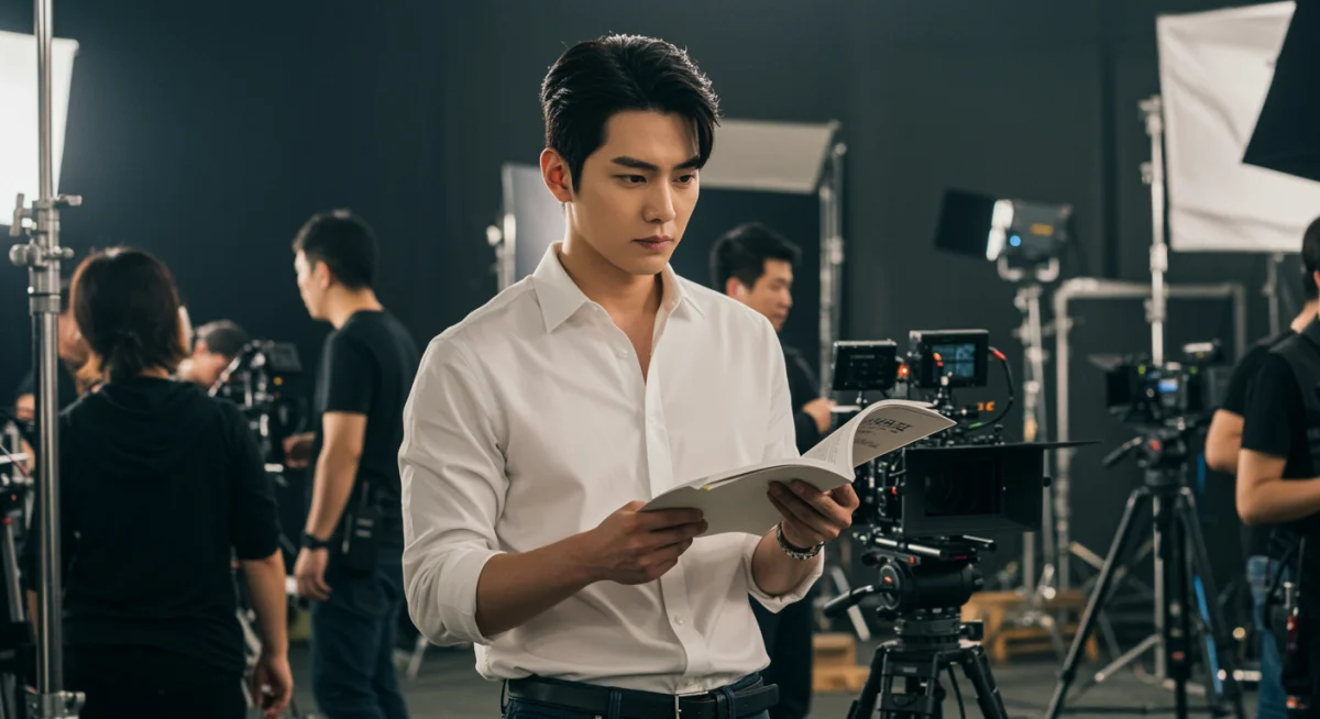 K-pop idol turned actor studying script on set