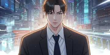 Jin Do-jun contemplating his future amidst a sprawling city in the 'Reborn Rich' webtoon.