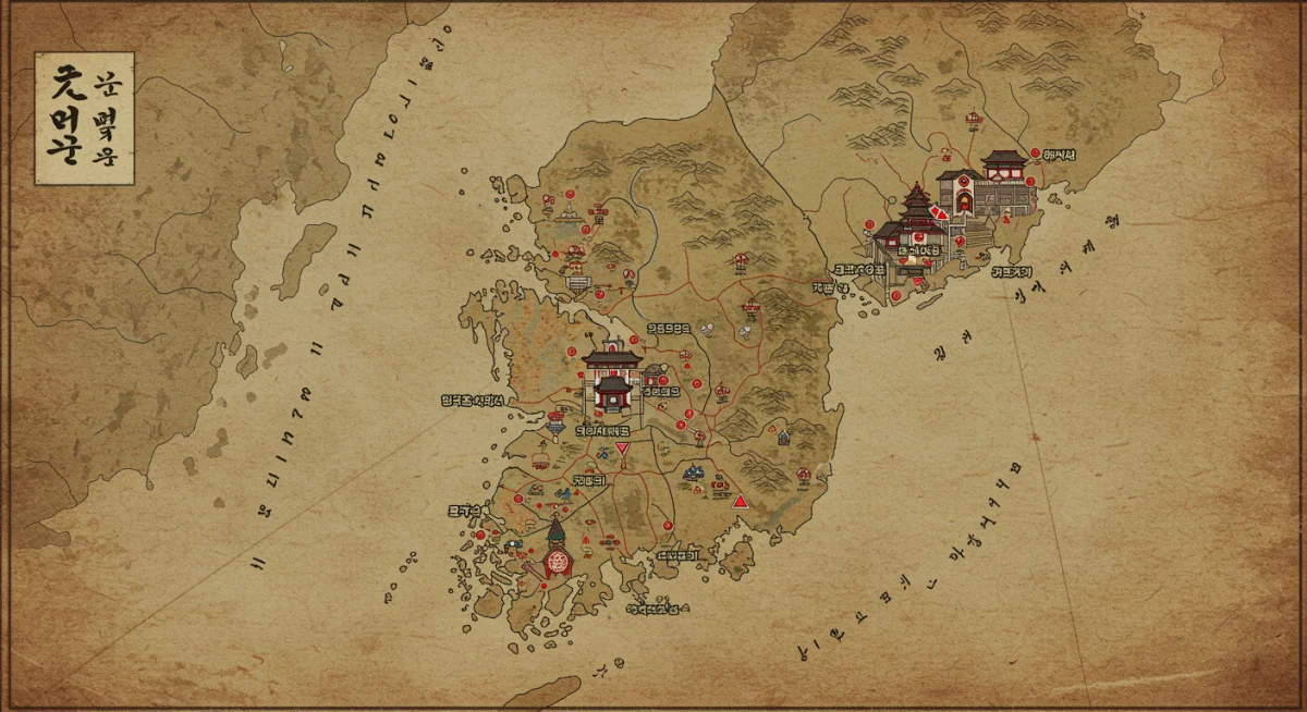 Aged map of Joseon Korea with highlighted regions, suggesting key locations for the undead origin story.