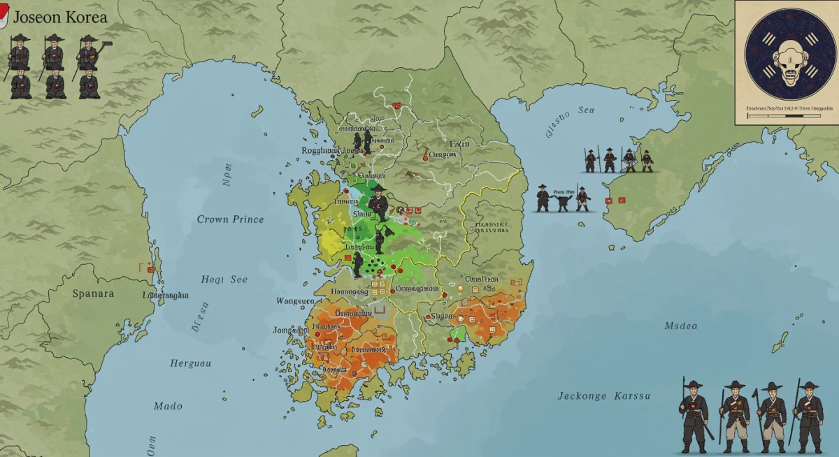 Ancient Joseon map highlighting regions affected by the zombie plague and strategic military positions.