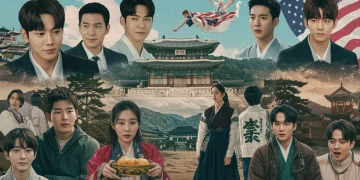 Vibrant K-drama scenes blending with American cultural elements, symbolizing cultural exchange and evolving perceptions.