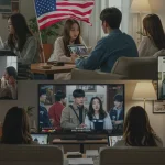 Diverse American audience engaging with K-dramas on various devices, symbolizing cultural impact and shifting social norms.