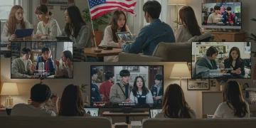 Diverse American audience engaging with K-dramas on various devices, symbolizing cultural impact and shifting social norms.