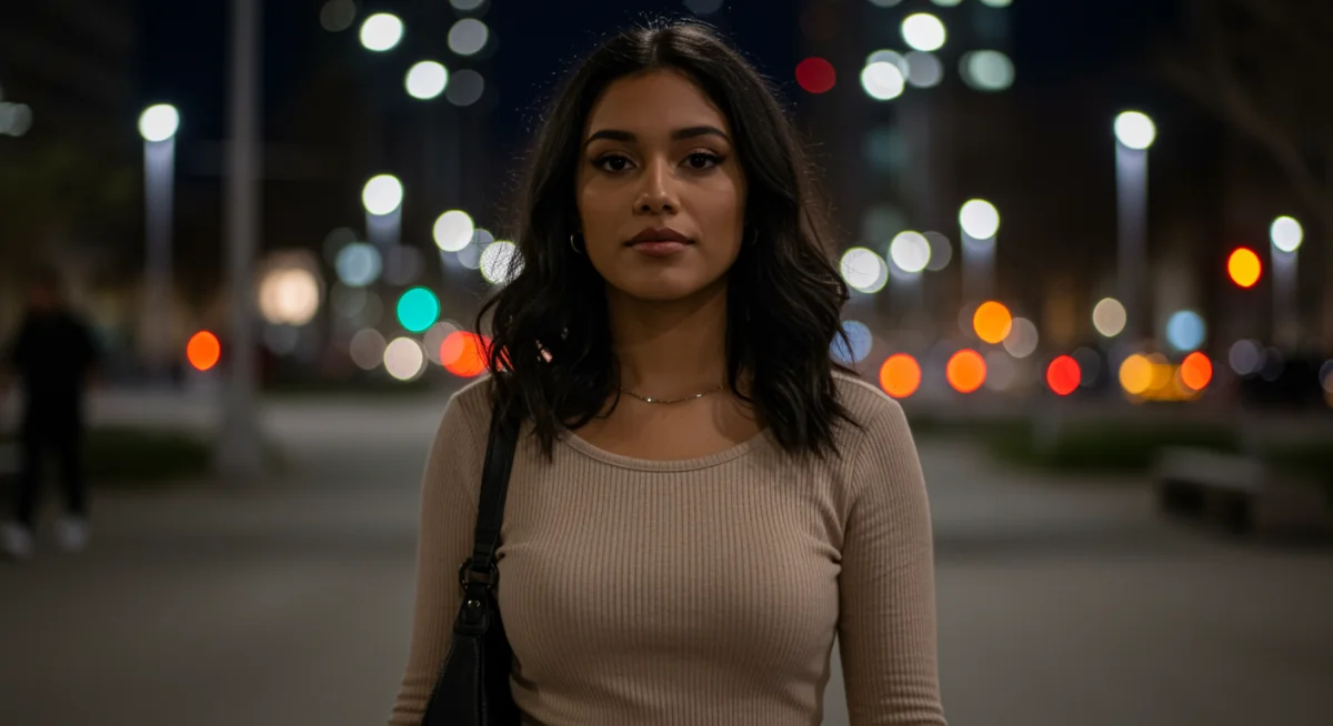 Young American woman showcasing K-drama-inspired fashion and beauty in an urban setting.