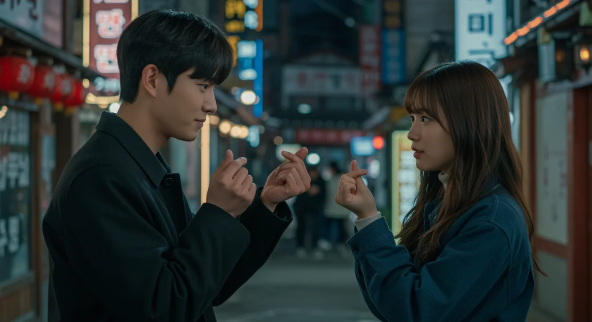 Character making a finger heart gesture in a Korean drama setting
