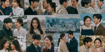 Diverse K-drama couples illustrating Korean dating customs against a Seoul backdrop in 2025.