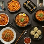 Assortment of popular Korean dishes inspired by K-dramas, including tteokbokki and ramyeon.