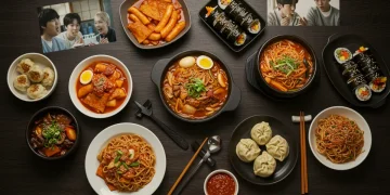 Assortment of popular Korean dishes inspired by K-dramas, including tteokbokki and ramyeon.