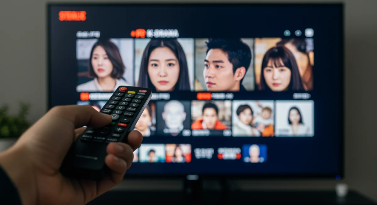 Hand holding remote navigating K-drama app on TV