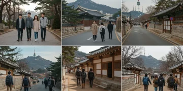 K-Drama scenes inspiring American tourists to visit iconic South Korean landmarks like Namsan Tower and traditional villages.