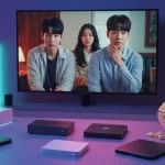 Living room with TV showing K-drama and streaming devices