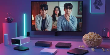 Living room with TV showing K-drama and streaming devices