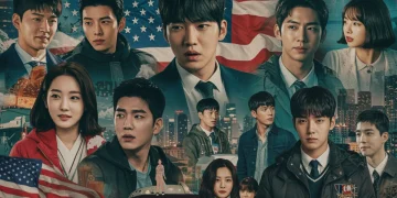 Vibrant collage showing K-drama scenes and American cultural symbols, representing cultural exchange.