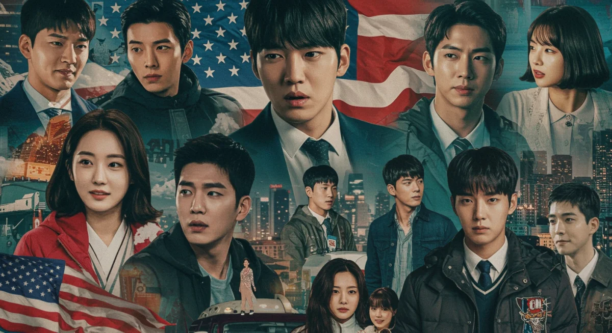 Vibrant collage showing K-drama scenes and American cultural symbols, representing cultural exchange.