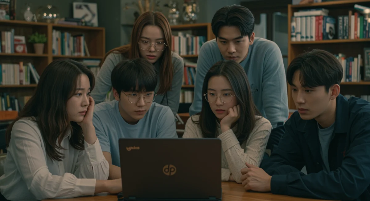 Young adults watching K-drama, reflecting diverse relationships and mental health themes.
