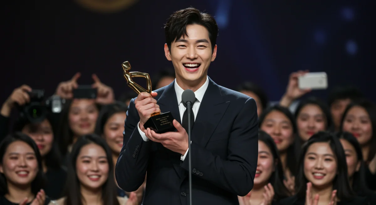 KDrama actor celebrating a major award win on stage, beaming with pride and surrounded by camera flashes.