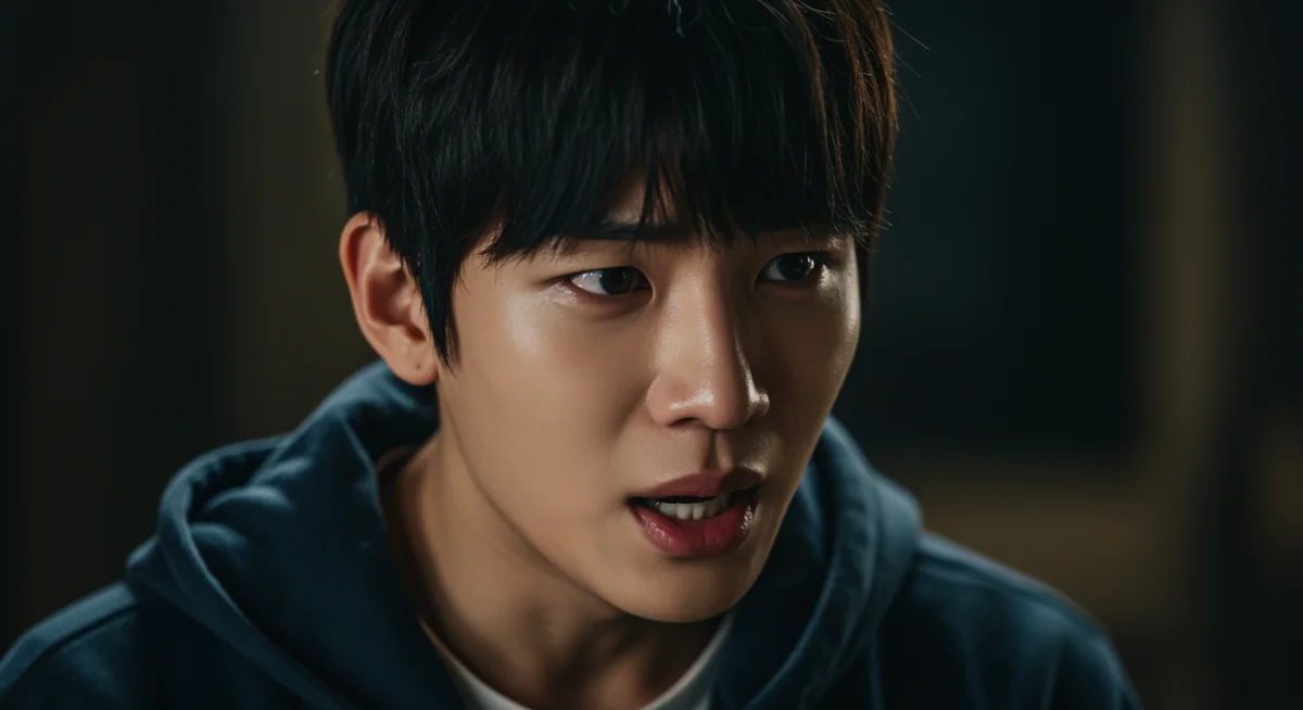 Young Korean actor delivering a powerful, emotional performance in a drama scene