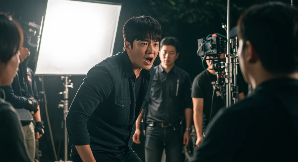 KDrama actor delivering a powerful performance on a film set, demonstrating acting talent.