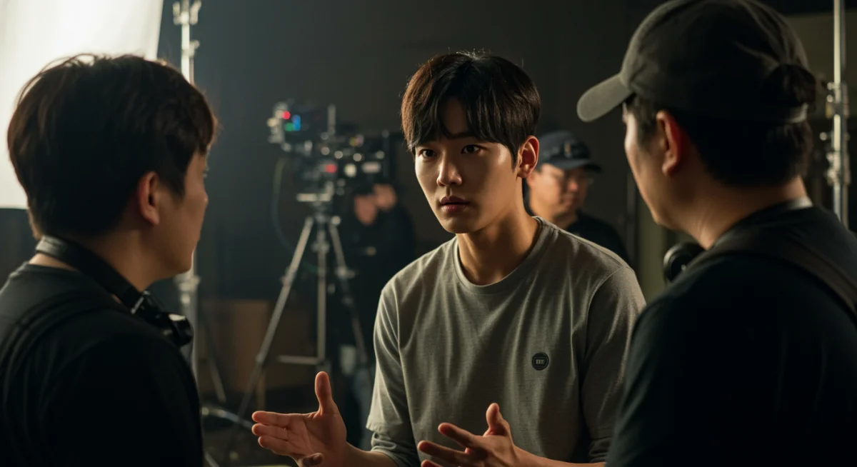 Young Korean actor discussing a scene with director on a busy film set, showing dedication.