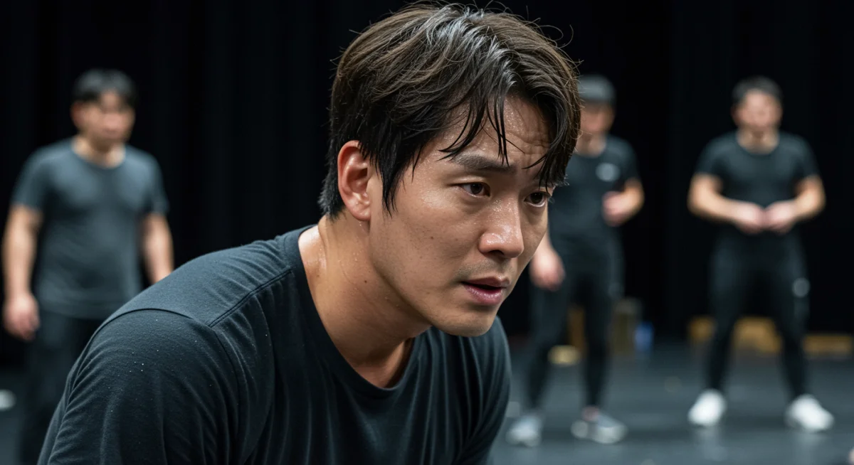 Korean actor rehearsing intensely for a stage play