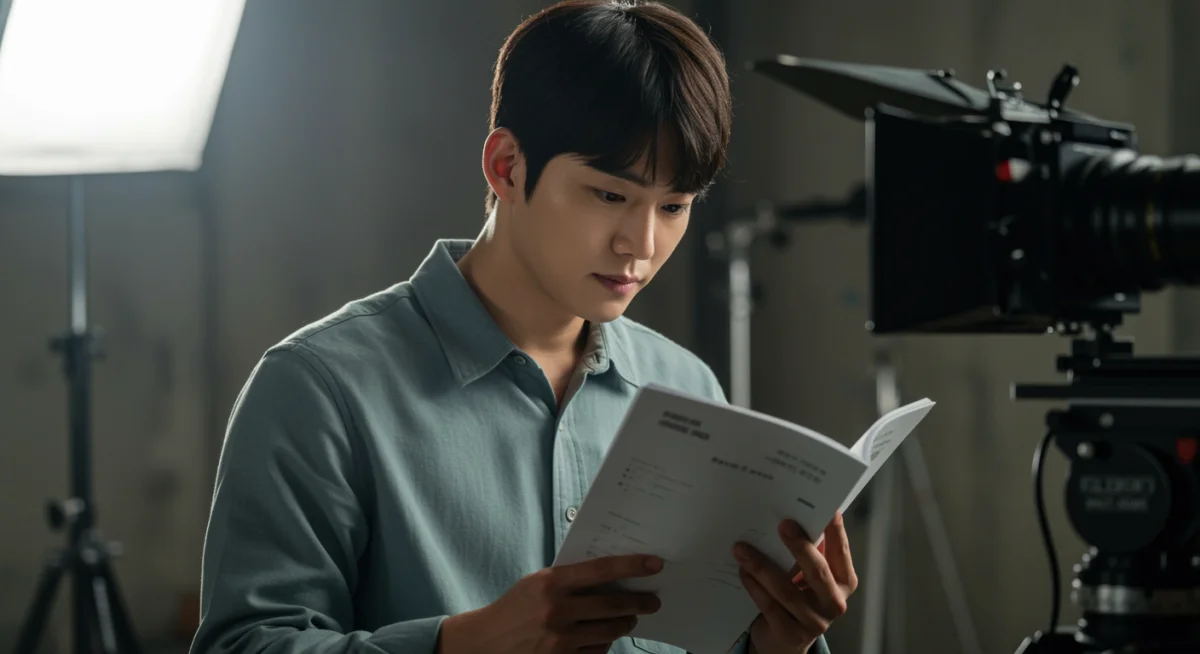Korean actor studying script on set, demonstrating dedication to craft and character development.