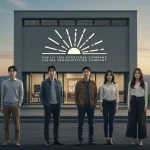 Six KDrama actors launching their new production companies in early 2025, standing confidently in front of a modern building.