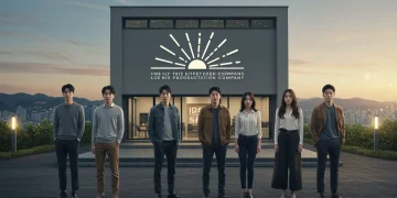 Six KDrama actors launching their new production companies in early 2025, standing confidently in front of a modern building.