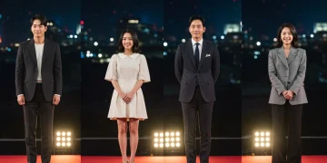 Four successful KDrama actors on a red carpet, symbolizing their global recognition and influence.