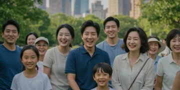 Diverse community members engaging happily at a US charity event, symbolizing KDrama actors' philanthropic reach.