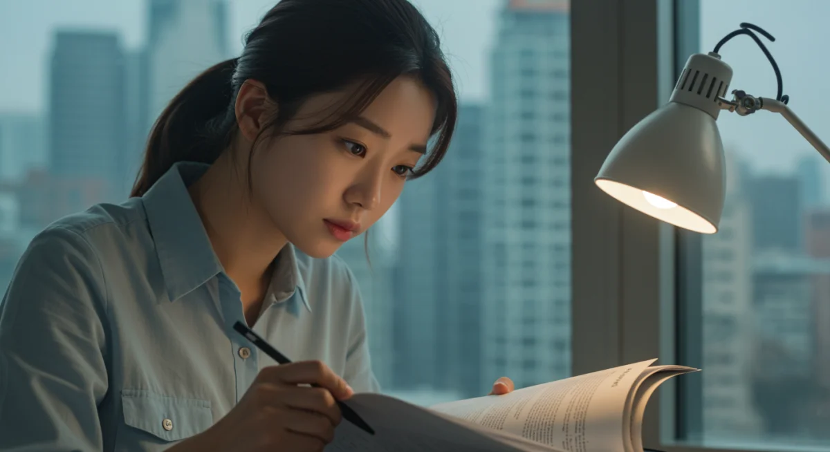 Young Korean actress studying script, embodying dedication and global KDrama reach