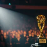Golden award trophy under spotlight on a stage, representing major KDrama actor recognition.