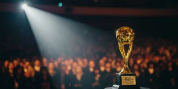 Golden award trophy under spotlight on a stage, representing major KDrama actor recognition.