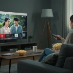 Woman happily watching KDrama on TV without buffering, enjoying a seamless streaming experience