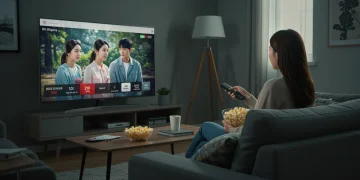 Woman happily watching KDrama on TV without buffering, enjoying a seamless streaming experience